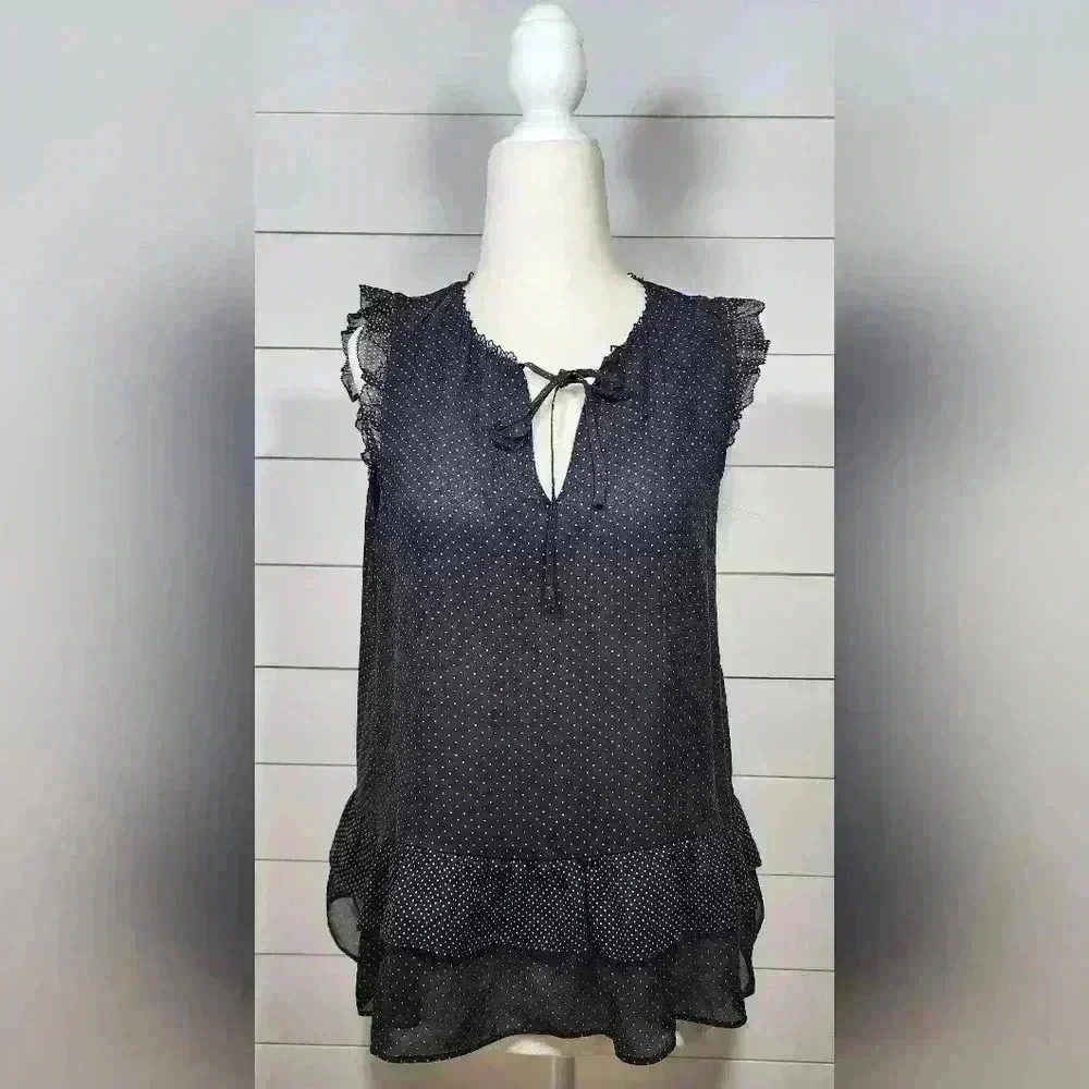 Joie Ruffle Sleeveless Black with White Dot Silk Blouse
